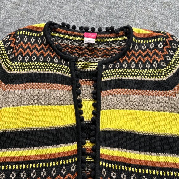Together Cardigan Sweater Womens 16 Striped Knit Pompom Fringe Open Boho Tribal - Picture 2 of 11